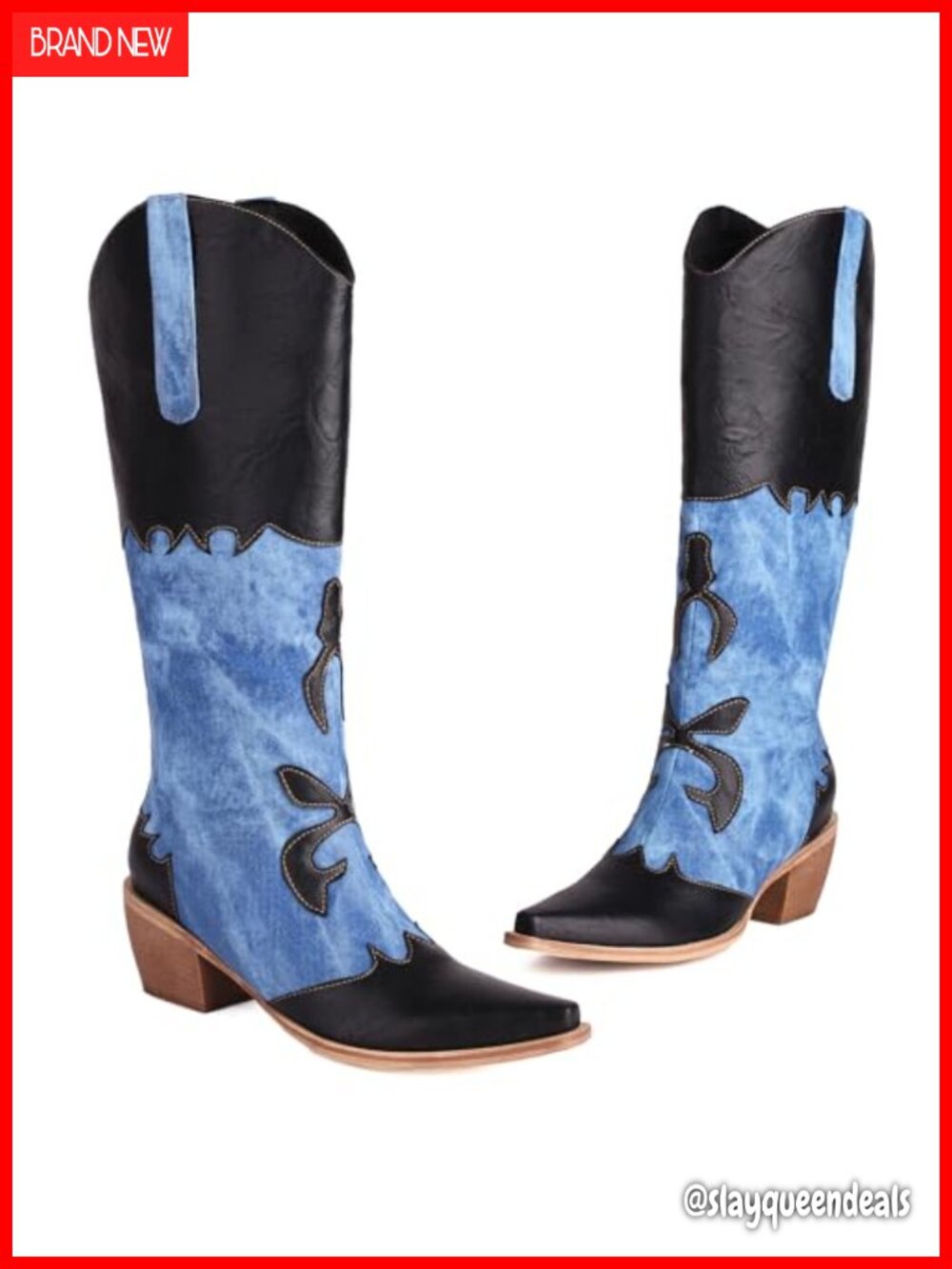 Denim Patchwork Cowboy Boots Knee High Pointed Toe Chunky Heel Pull On